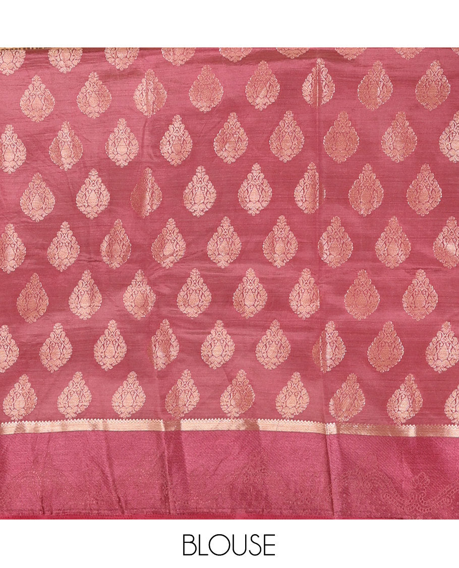Purple Semi-Tussar Saree, Enriched with Zari Buttas, a Satin Embossed Border, Gleaming Pallu, and a Matching Blouse