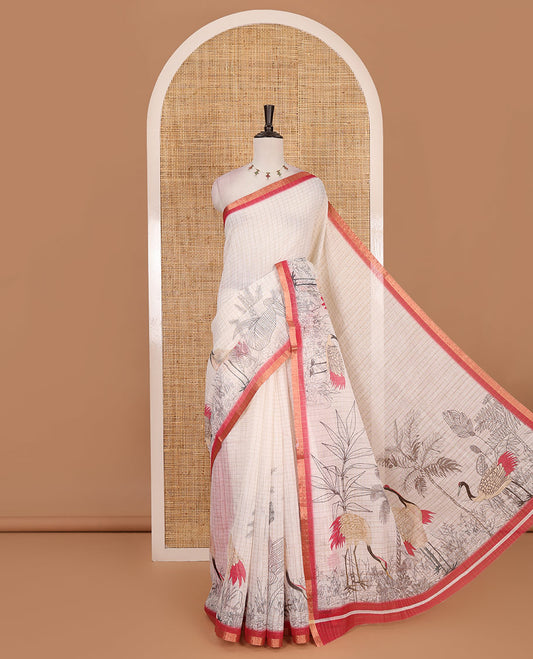 White with pink zari checks linen saree with contrast border and unique designs of pallu along with contrast plain blouse