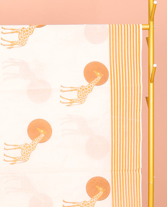 Cream Kerala Cotton Saree, Elevated with Sun and Giraffe Motifs, a Subtle Striped Border, and a Matching Blouse