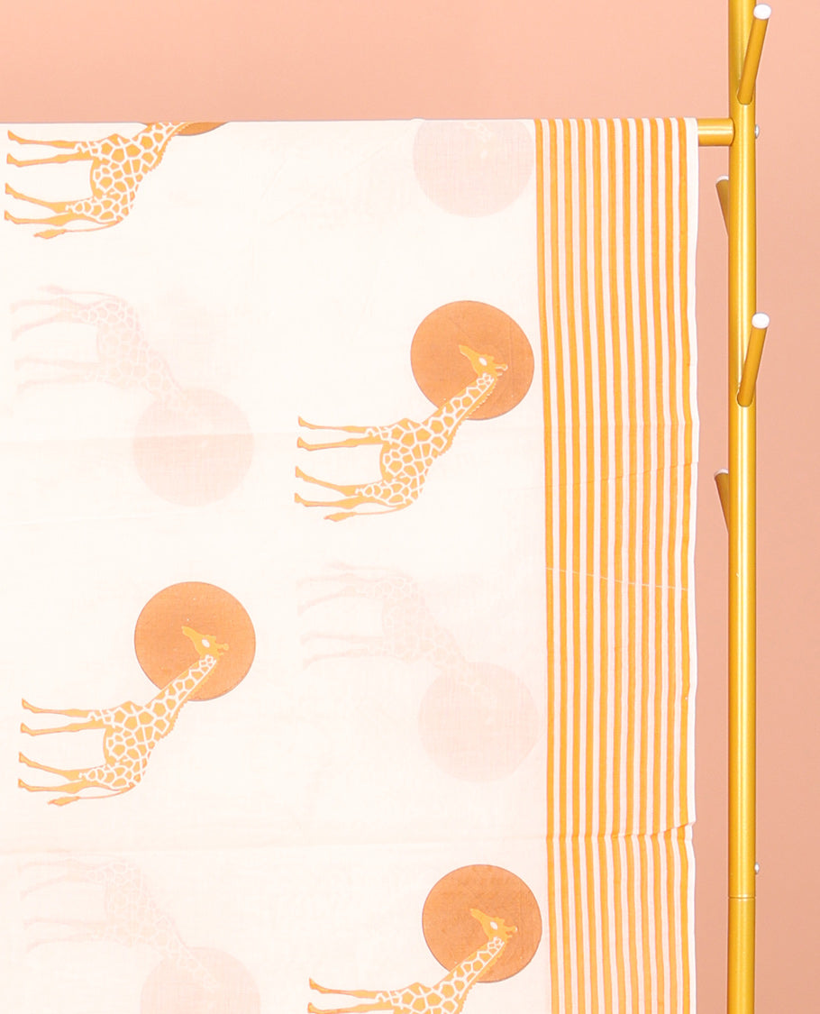 Cream Kerala Cotton Saree, Elevated with Sun and Giraffe Motifs, a Subtle Striped Border, and a Matching Blouse