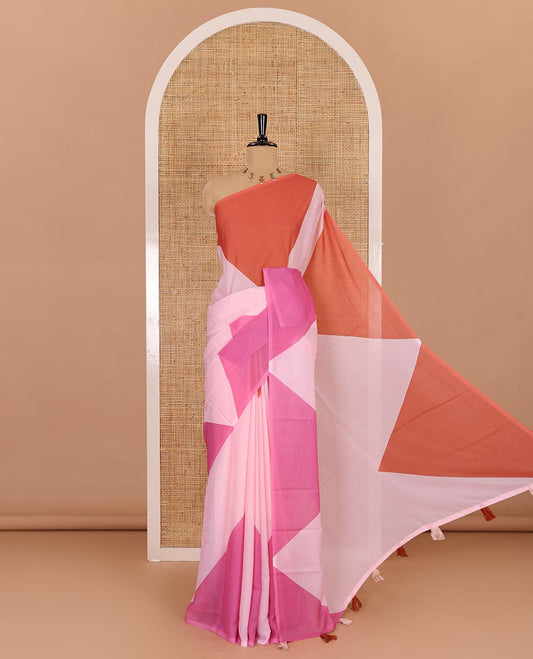 Borderless peach plain moss chiffon saree, contrast double-sided temple border, self-pallu, and diamond-patterned printed blouse