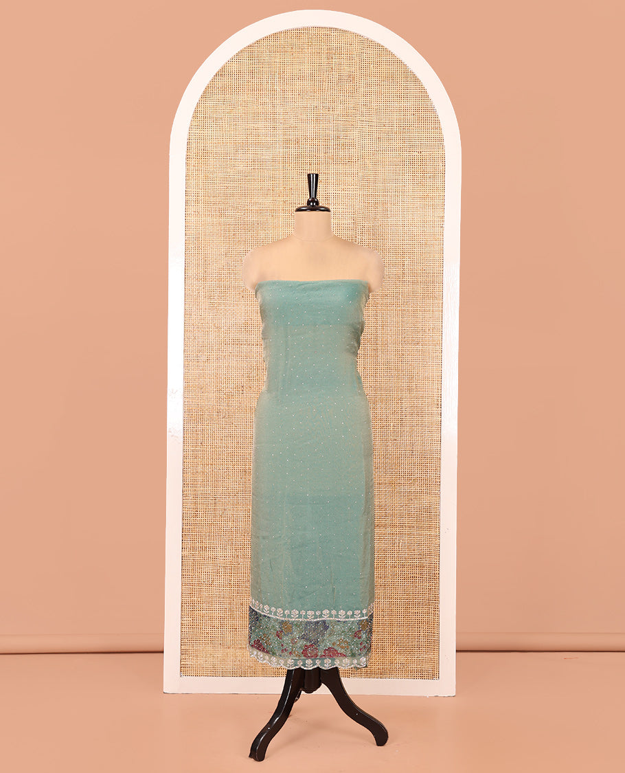 Firozi Green Moss Organza Material Chudidar Set, Gleamed Up with Stonework Top, a Plain Santoon Bottom, and Paired with Floral Print and Scallop Stonework Dupatta