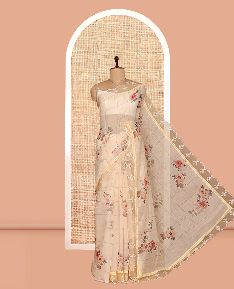 Sandal Floral Motifs Chanderi Cotton Saree