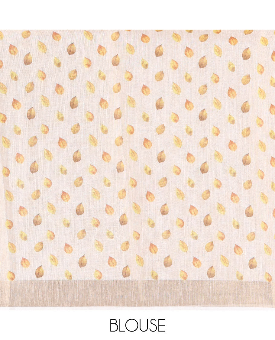 Cream Tissue Saree, Adorned with Dried Leaf Motifs Printed All Over Its Body, Subtle Bavanji Border, Pallu Features a Leaf Print, and Paired with a Matching Dried Leaf Printed Blouse