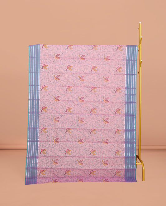 Pink Chirala Cotton Saree, Adorned with Floral-Bird Print, a Contrast Border, Printed Pallu, and a Matching Blouse