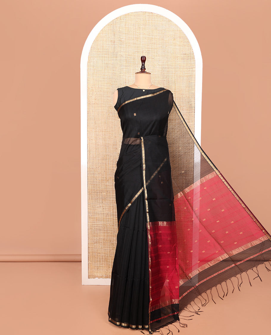 Black Maheshwari Cotton Saree, Accentuated with Star Motifs All Over Its Body, Highlighted by a Zari Piping Border, Complemented by a Contrast Pallu Steeped with Star Motifs, and Paired with a Contrast Blouse
