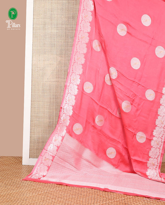 Peach polka dot,  bird design mushru silk saree with zari border & rich pallu along with plain blouse