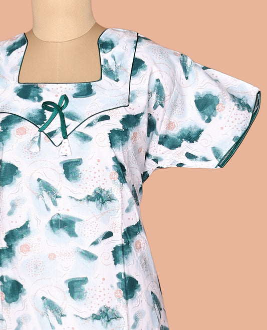 White-Teal Cotton-Blended Nighty