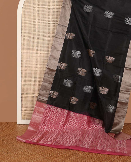 Black floral design uppada saree with contrast zari border & paisley design pallu
