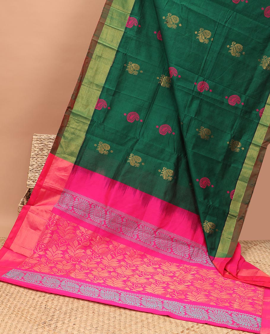 Green kuppadam silk saree with buttas, plain border & contrast pallu of intricate designs