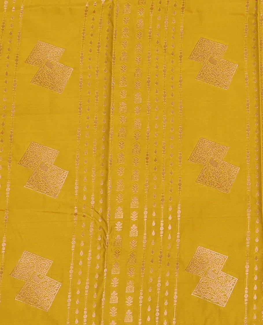 Yellow  Art Silk Pavadai Material Set, Detailed with Zari Designs Skirt, Complemented by a Contrast Traditional Zari Design Border, and Paired with a Contrast Blouse