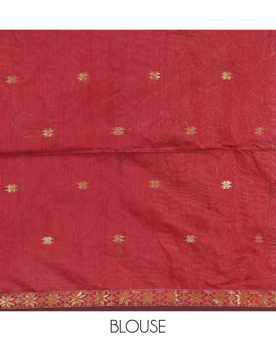 Mustrad Kota Cotton Saree Decked Up with Star-Style Zari Motifs All Over Its Body, Complemented by a Self-Border of Star Motifs, a Captivating Contrast Pallu of the Same Star Motifs, and a Contrast Blouse