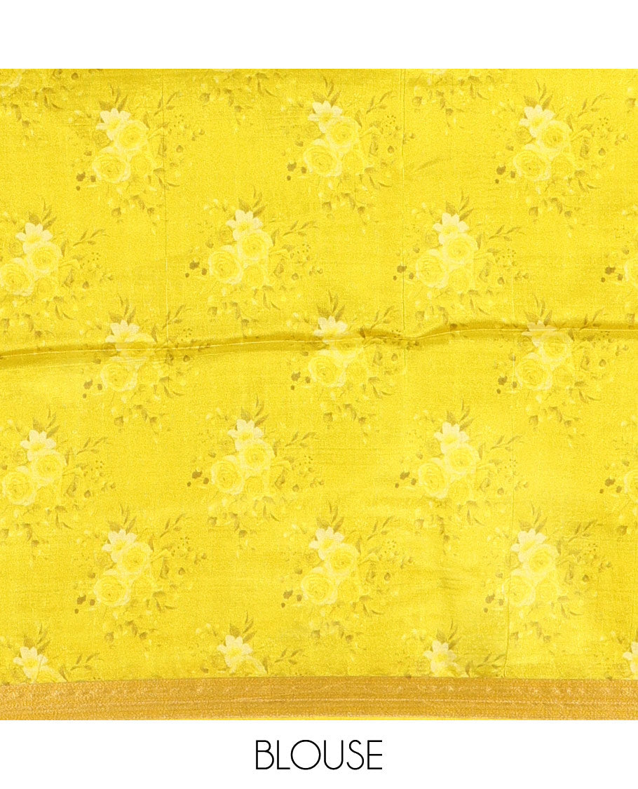 Baby pink colorful rose floral motifs digital printed banana pith saree, piping border, striped pallu, and floral printed blouse