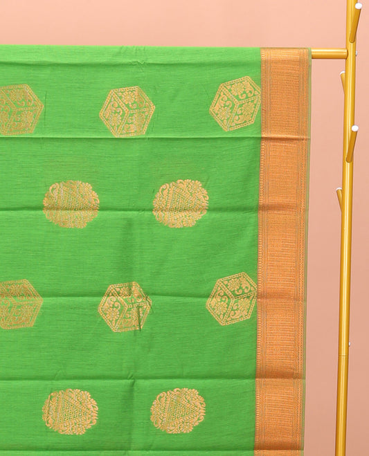 Green Semi-Silk Cotton Saree, Dazzled with Zari Buttas All Over Its Body, Highlighted by a Zari Traditional Design Border, Complemented by a Contrast Pallu of Geometric Design, and Paired with a Contrast Blouse