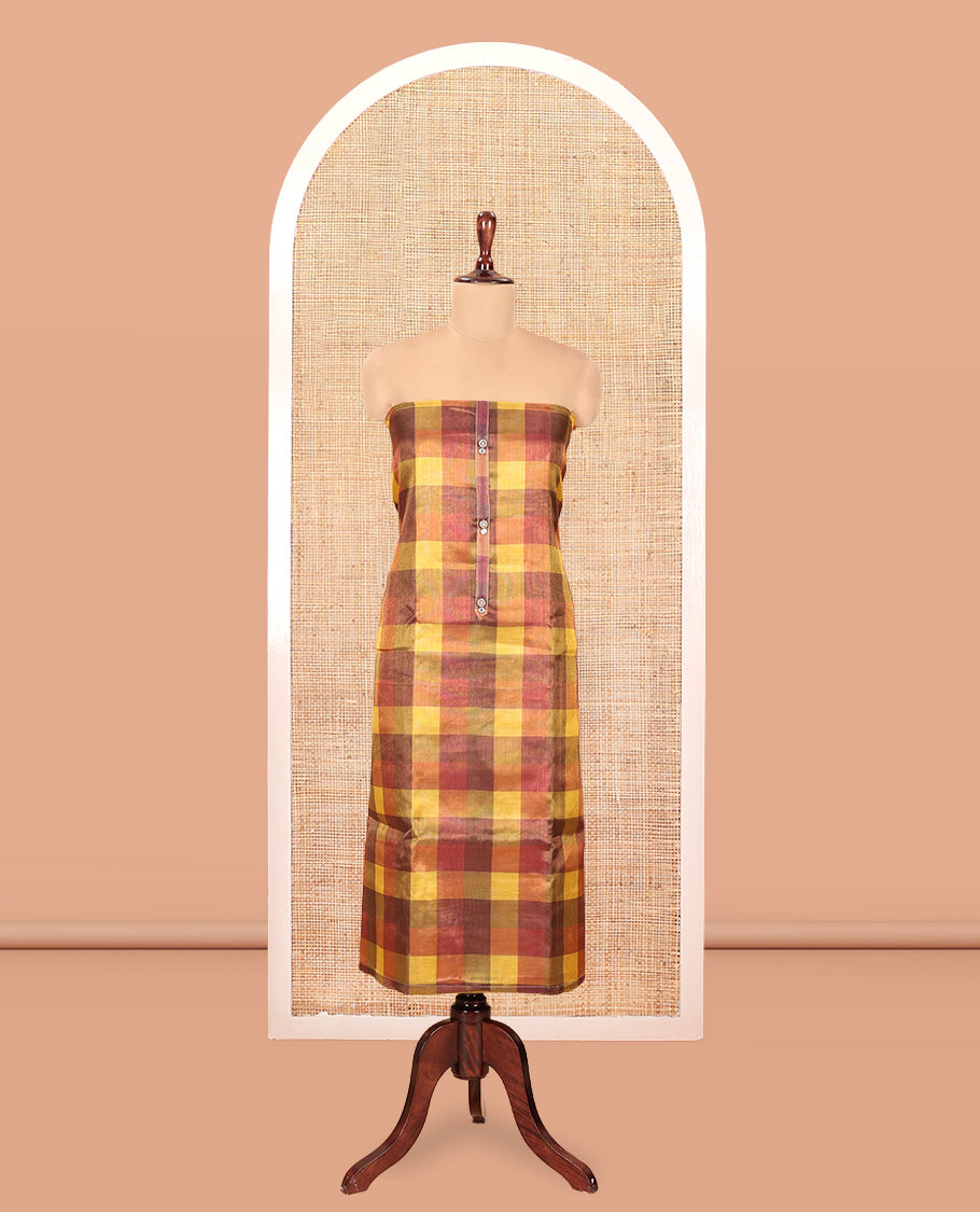Multi-Color Shimmer Tissue Material Churidar Featuring Madras Checks Neckwork Top, a Contrast Bottom, Sequins Striped Dupatta