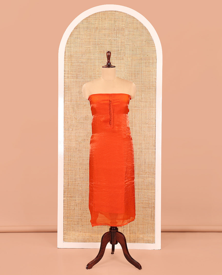 Rust Fendi Organza Material Chudidar Fetaures Pom-Pom-Neckline Top, Plain Bottom, and Scallop Embroidered Dupatta