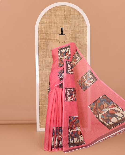 Pink plain linen cotton saree, mordern art style elephant motifs printed border, elephant printed pallu, and a leaf printed blouse