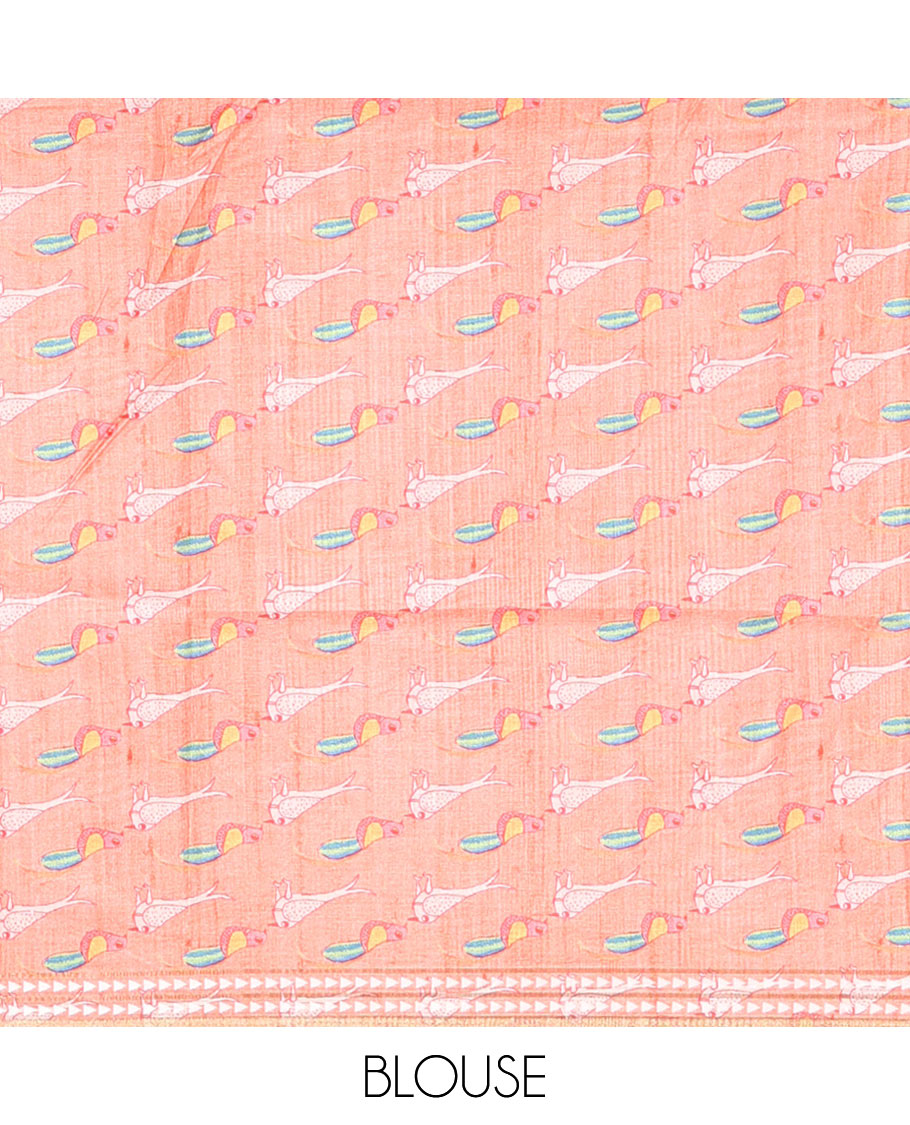 Chikku and Orange Plain Semi-Tussar Saree, Complemented by a Contrast Resham Thread Border, Tree of Life Printed Pallu, and Paired with a Contrast Bird Motifs Printed Blouse