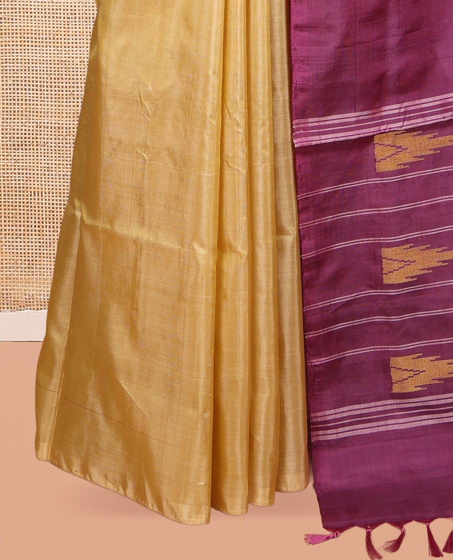 Borderless Sandal Banana Pith Saree, Woven with Temple Buttas, a Contrast Pallu of Stripes and Temple Design, and a Contrast Blouse