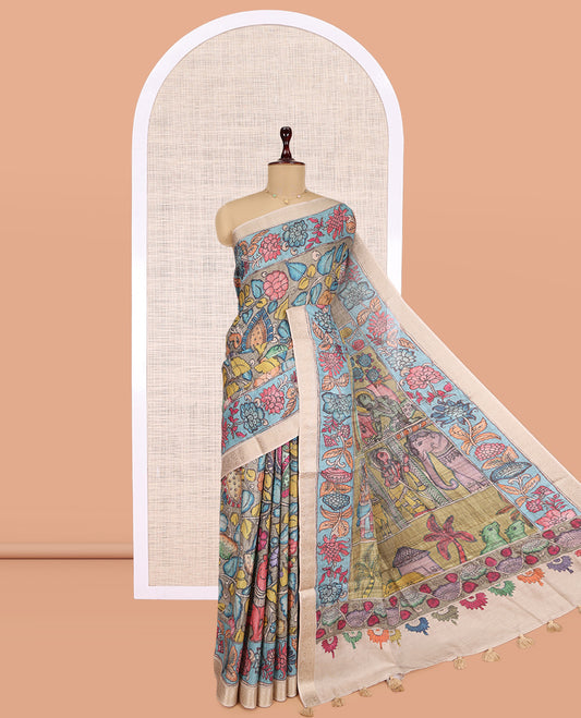 Grey Kalamkari Printed Fancy Tussar Saree