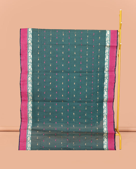 Green Bengal Cotton Saree Features Thread Buttas, a Contrast Floral Creeper Border, Pallu of Stripes, and Buttas, and a Matching Blouse