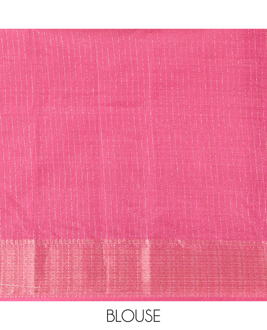 White and Pink Dola Silk Saree Bedecked with Vertical Zari Stripes All Over the Body, Complemented by a Contrast Border of Traditional Zari Designs, Self-Pallu of Stripes, and Paired with a Contrast Blouse
