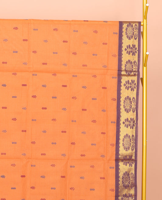 Orange Venkatagiri Cotton Saree, Graced with Buttas, a Contrast Floral Design Zari Border, Pallu of Buttas and Stripes, and No Blouse
