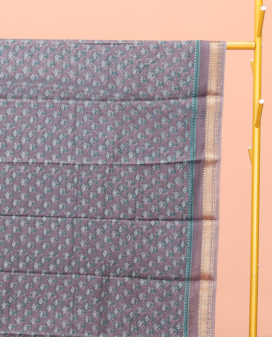 Grey Kanchi Cotton Saree, Bedecked with Floral Motifs Printed All Over Its Body, a Subtle Traditional Temple Border, Pallu of Floral Print, and Paired with a Matching Blouse