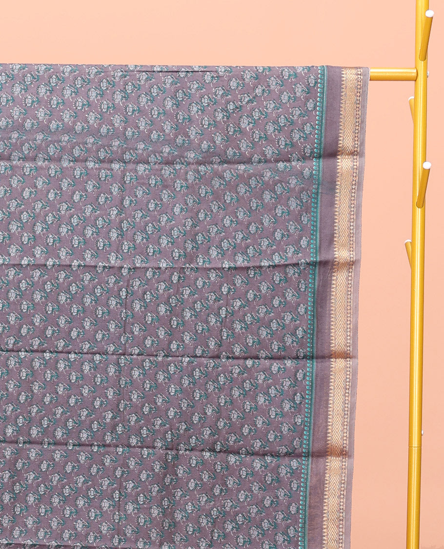 Grey Kanchi Cotton Saree, Bedecked with Floral Motifs Printed All Over Its Body, a Subtle Traditional Temple Border, Pallu of Floral Print, and Paired with a Matching Blouse