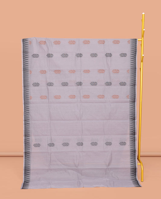 Grey Kanchi Cotton Saree, Woven with Buttas All Over Its Body, Subtle Temple Border, Pallu of Paisleys, Floral and Checks, and Paired with a Matching Blouse