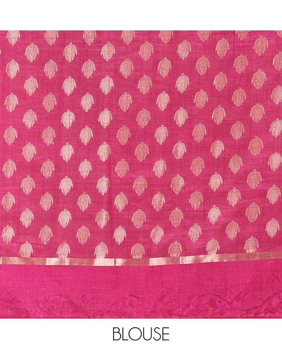 Pink Semi-Tussar Saree Enthralled with Copper Zari Floral Bud Motifs, Featuring a Floral Creeper Embossed Border, Complemented by a Contrast Pallu Adorned with Floral Bud Motifs, and Paired with a Contrast Blouse