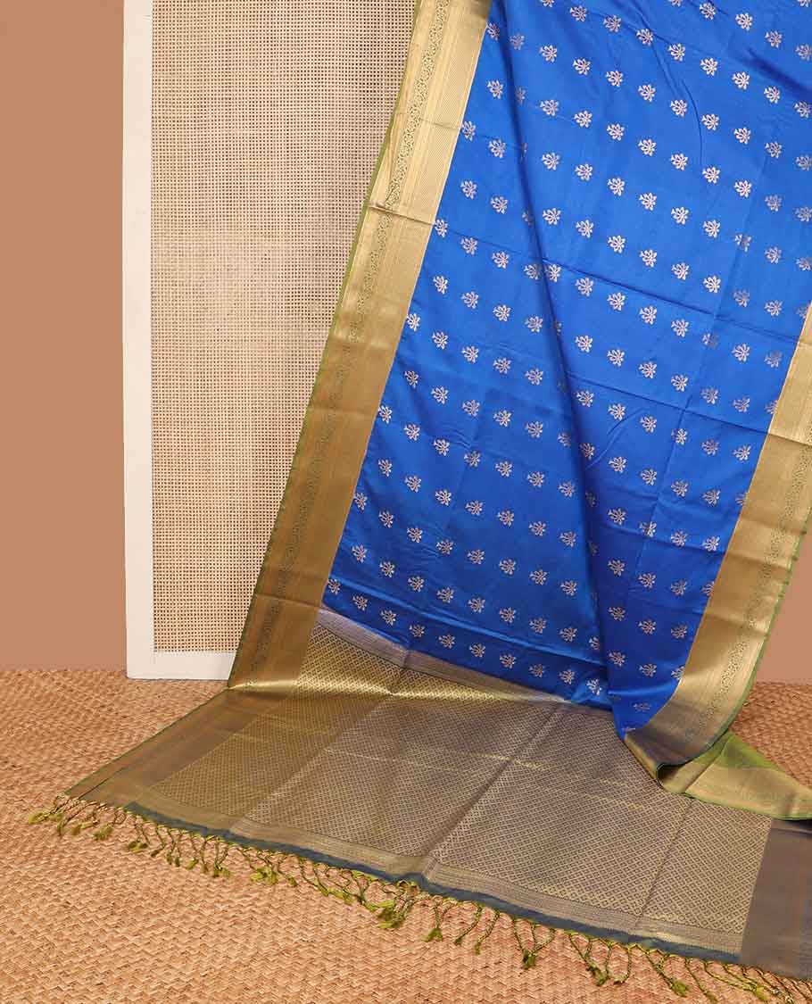 Blue motifs soft silk saree with contrast zari design border & checked floral design pallu
