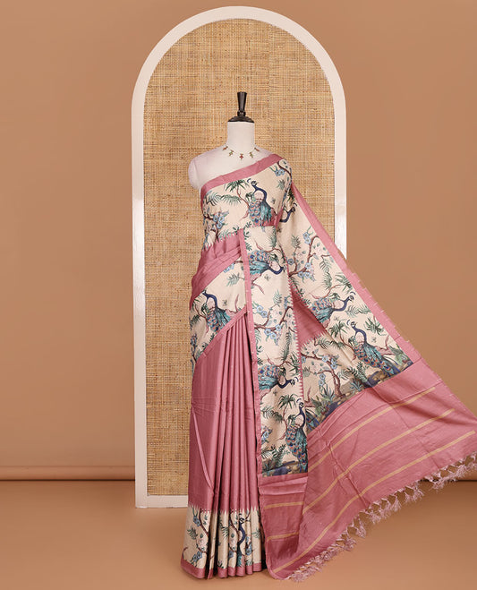 Onion pink gold zari dotted buttas semi tussar saree, contrast temple border features peacocks on the brand design print, striped pallu, and printed blouse