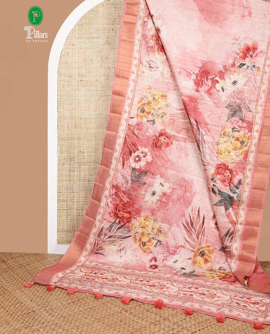 Chikku color with peach digital floral print, kadi print tussar silk saree with bhavanji border & floral print pallu along with plain blouse