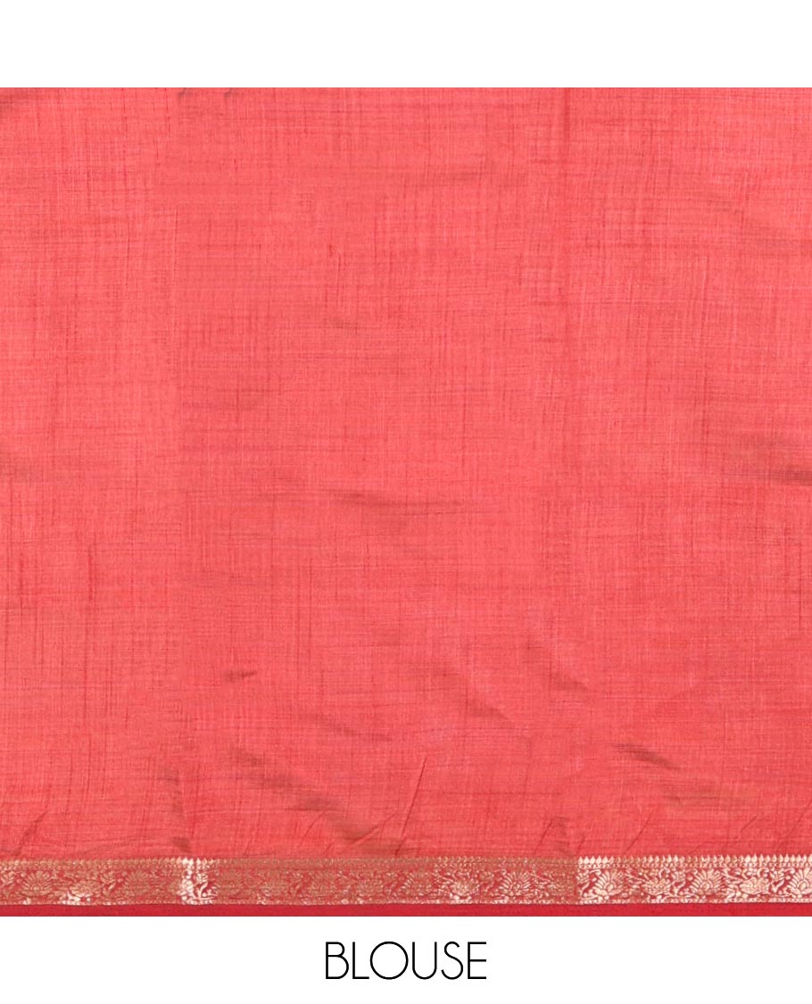 Chikku-Maroon Plain Semi-Tussar Saree, Complemented by Contrast Floral Creeper Zari Border, Striped Pallu and a Contrast Blouse