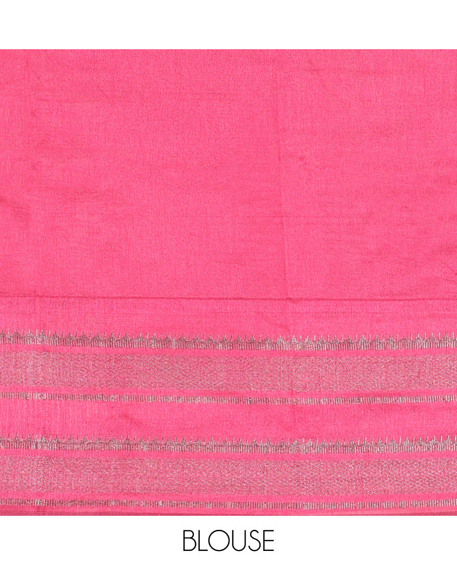 Bottle Green Plain Semi-Raw Silk Saree, a Contrast Silver Zari Border, a Contrast Pallu, and a Contrast Blouse