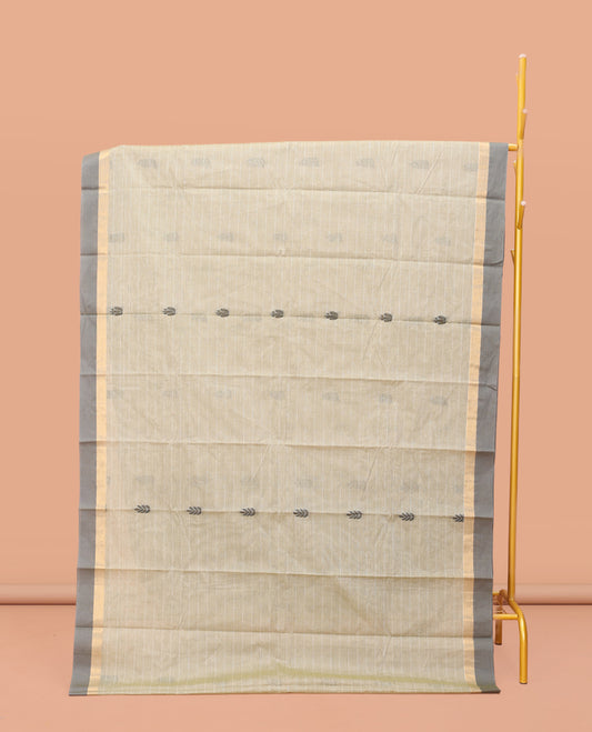 Grey Kanchi Cotton Saree Features Buttas and Stripes on Its Body, Complemented by a Contrast Border, Floral Design Pallu, and a Matching Blouse