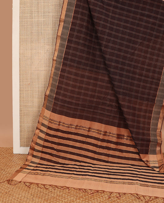Brown checked mangalagiri cotton saree with contrast temple border & checked pallu
