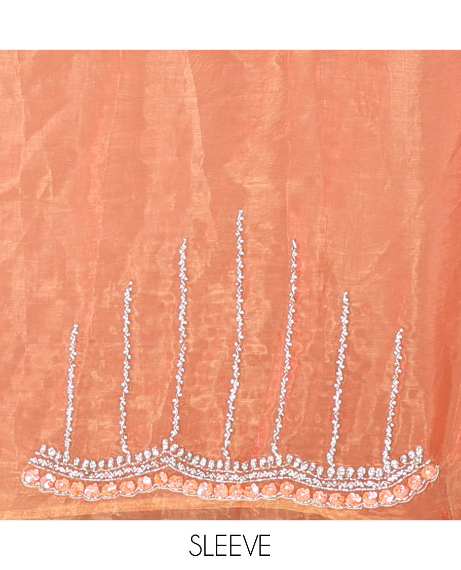 Dusky Peach Stone-Kardana Work Organza Designer Saree with a Scallop Embroidery Border, Matching Blouse