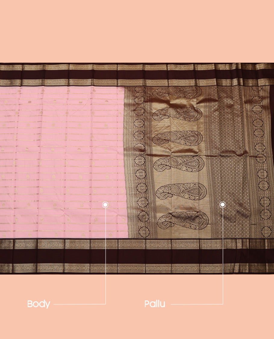 Pink Budget Silk Saree, Steeped in Richness of Zari Buttas and Stripes, Complemented by a Contrast Traditional Zari Rettai Pettu Border, Grand Pallu, and a Contrast Blouse