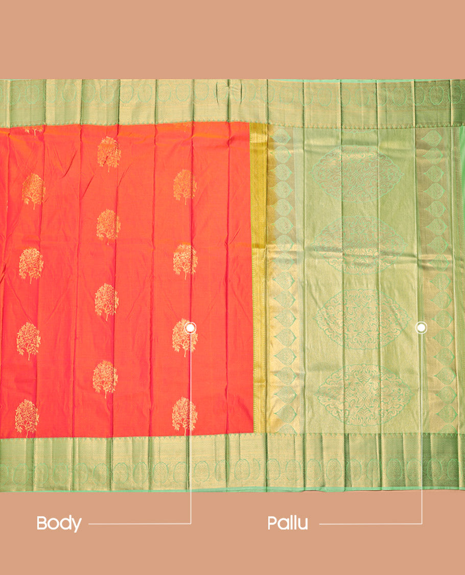 Orange Budget Silk Saree, Enriched with Tree Buttas, Complemented by a Contrast Traditional Zari Border, Intricate Pallu, and a Contrast Blouse