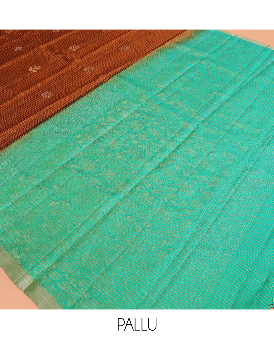 Honey Color Mayuri Lite Silk Mix Saree, Sparsely Threaded with Zari Buttas and Checks, a Complemented by a Contrast Border, a Contrast Intricate Pallu, and a Contrast Blouse