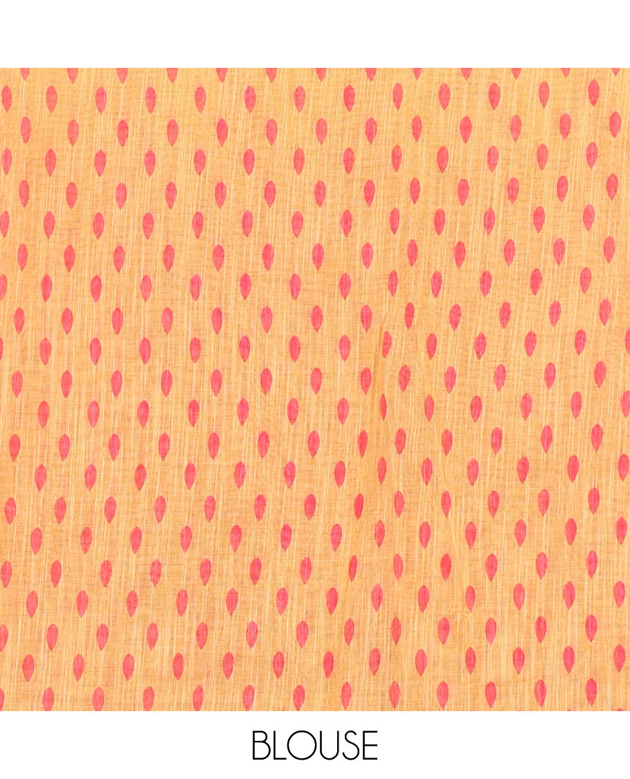 Pink thilakam buttas and mirror work khadi mul cotton saree, contrast temple border, striped and buttas pallu, and a contrast printed blouse