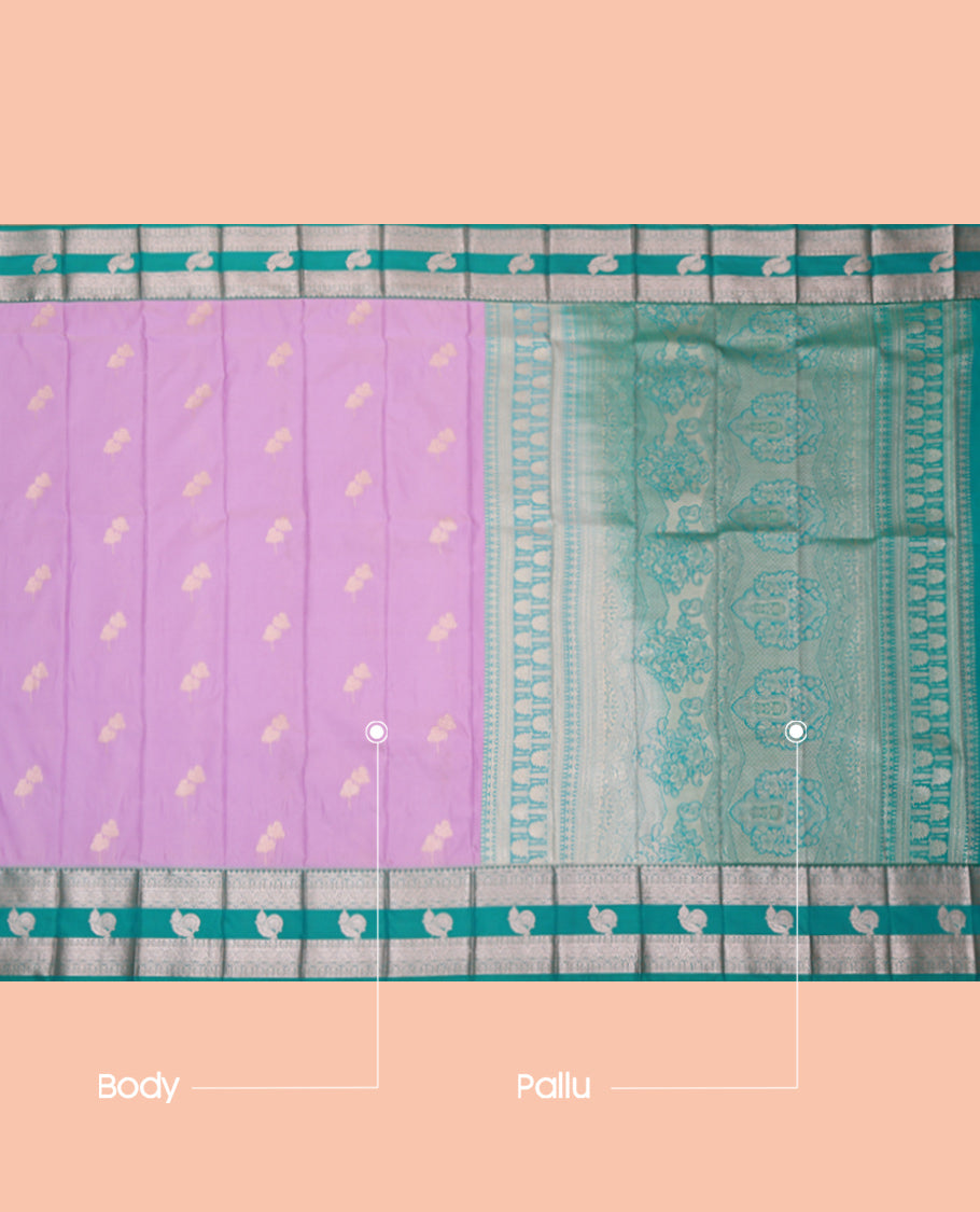 Purple Budget Silk Saree, Gleamed Up with Zari Buttas, Complemented by a Contrast Traditional Zari Border, Grand Pallu, and a Contrast Blouse