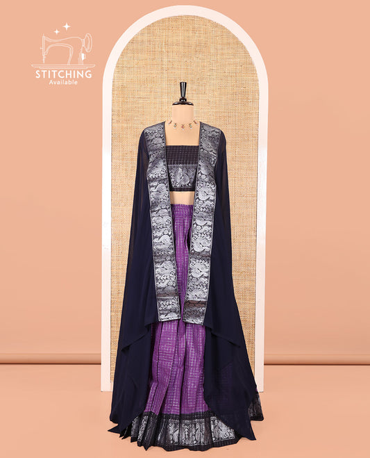 Purple and Navy Blue Sungudi Cotton Half-Saree, Gleamed Up with Micro-Zari Checks on Its Skirt, Complemented by a Contrast Peacock Zari Border, Paired with a Contrast Blouse, and a Contrast Syska Georgette Zari-Bordered Dhavani