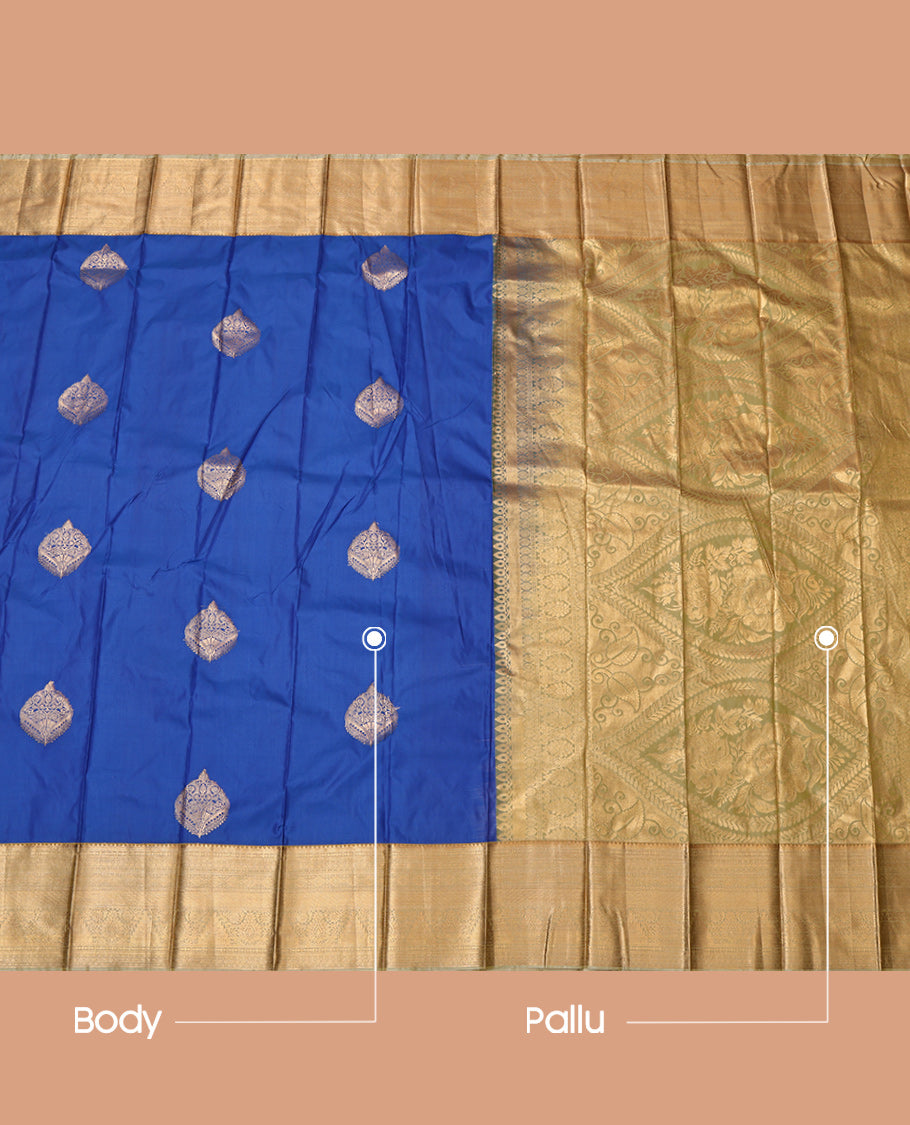 Blue Budget Silk Saree, Woven with Zari Buttas, Complemented by Contrast Traditional Zari Border, Grand Pallu and a Contrast Blouse