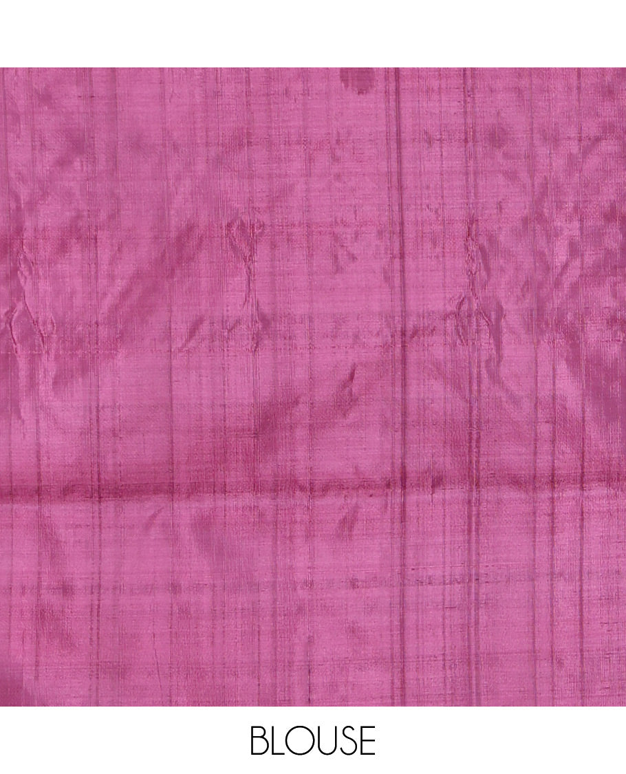 Borderless Sandal Banana Pith Saree, Woven with Temple Buttas, a Contrast Pallu of Stripes and Temple Design, and a Contrast Blouse