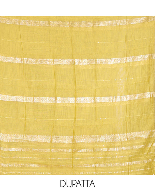 Yellow Material Churidar Set, Elevated with Zari Buttas and Crosia Lace with Mirror Work Chanderi Top, Comes with a Plain Bottom, Zari Woven Chanderi Dupatta