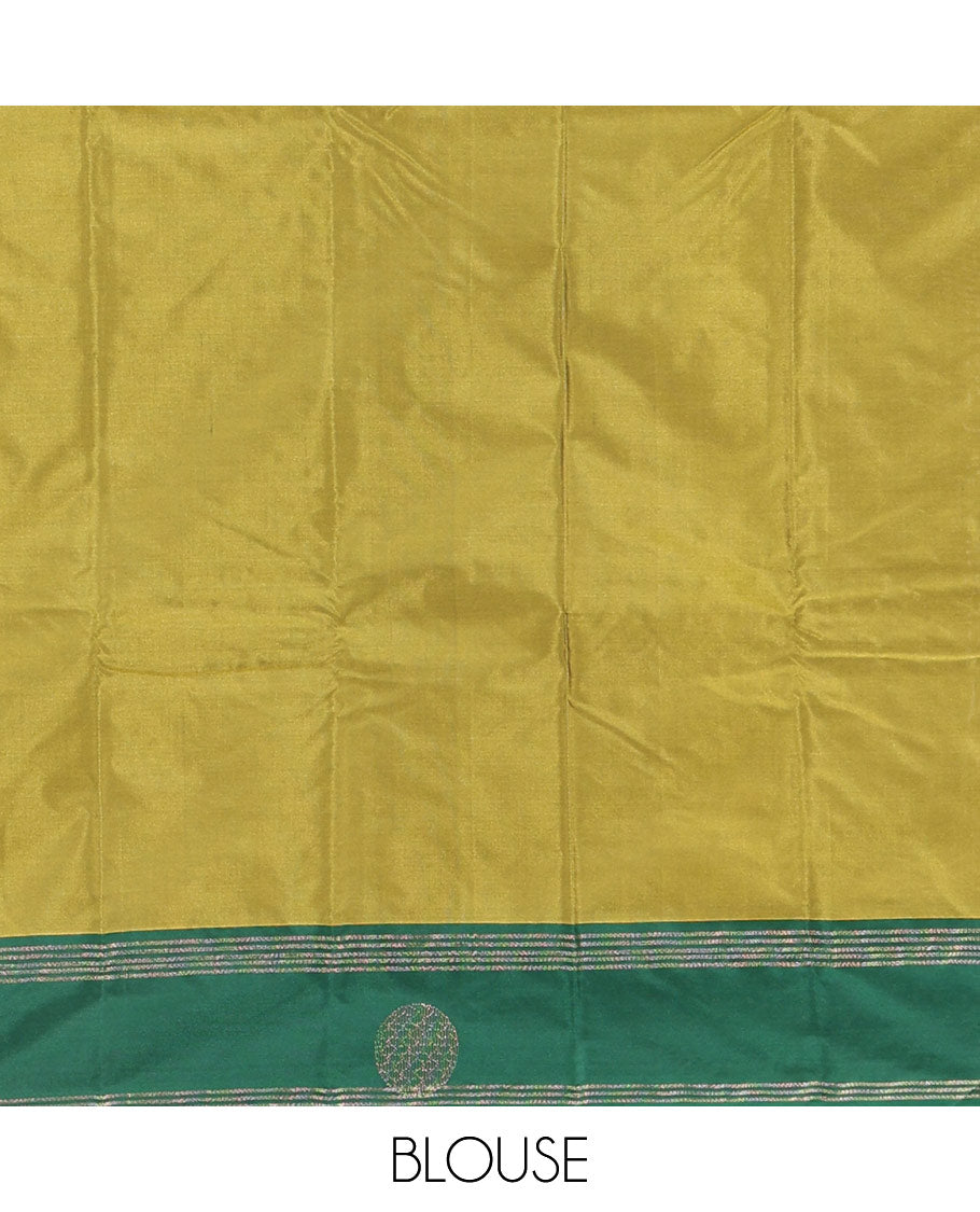 Olive Green dobby style buttas semi-soft silk saree, contrast round buttas and striped border, striped pallu, and a plain blouse