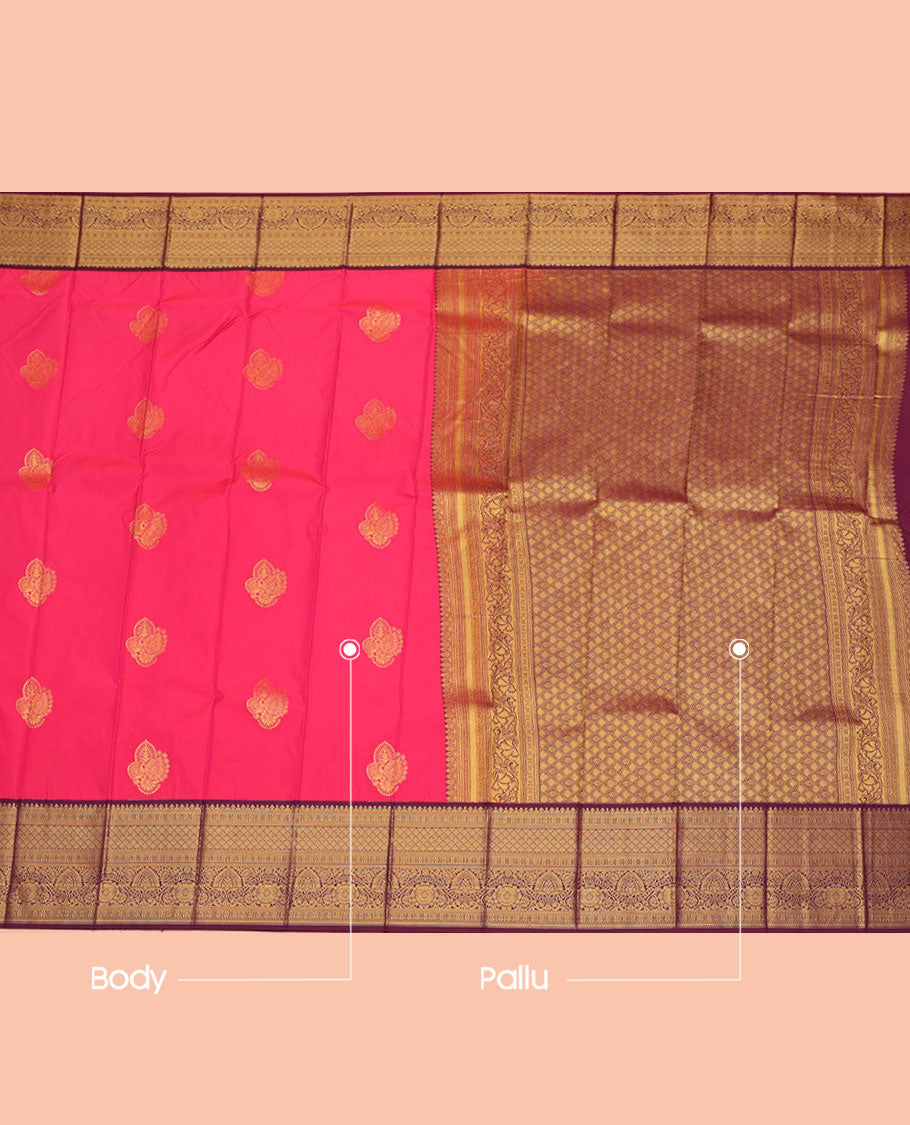 Pink Budget Silk Saree, Embellished with Zari Buttas, Complemented by a Contrast Traditional Zari Border, Grand Jaal Pallu, and a Contrast Blouse